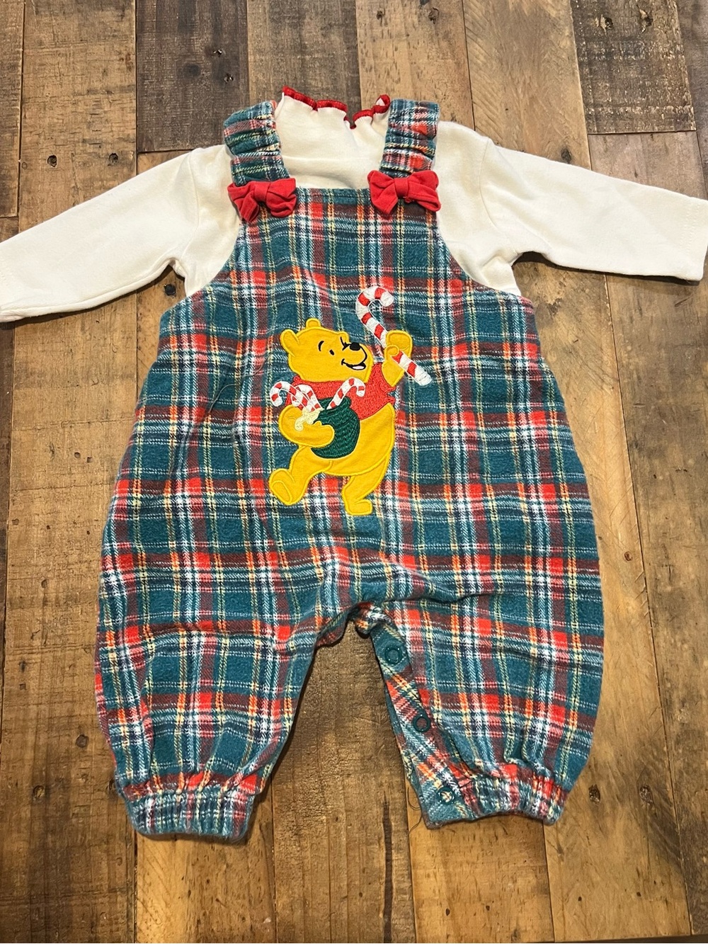 Vintage Plaid Winnie the Pooh Holiday Overalls - Green/Red